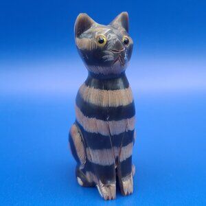 Vintage Hand Carved Water Buffalo Horn Tabby Stripe Cat Thailand 2.75"